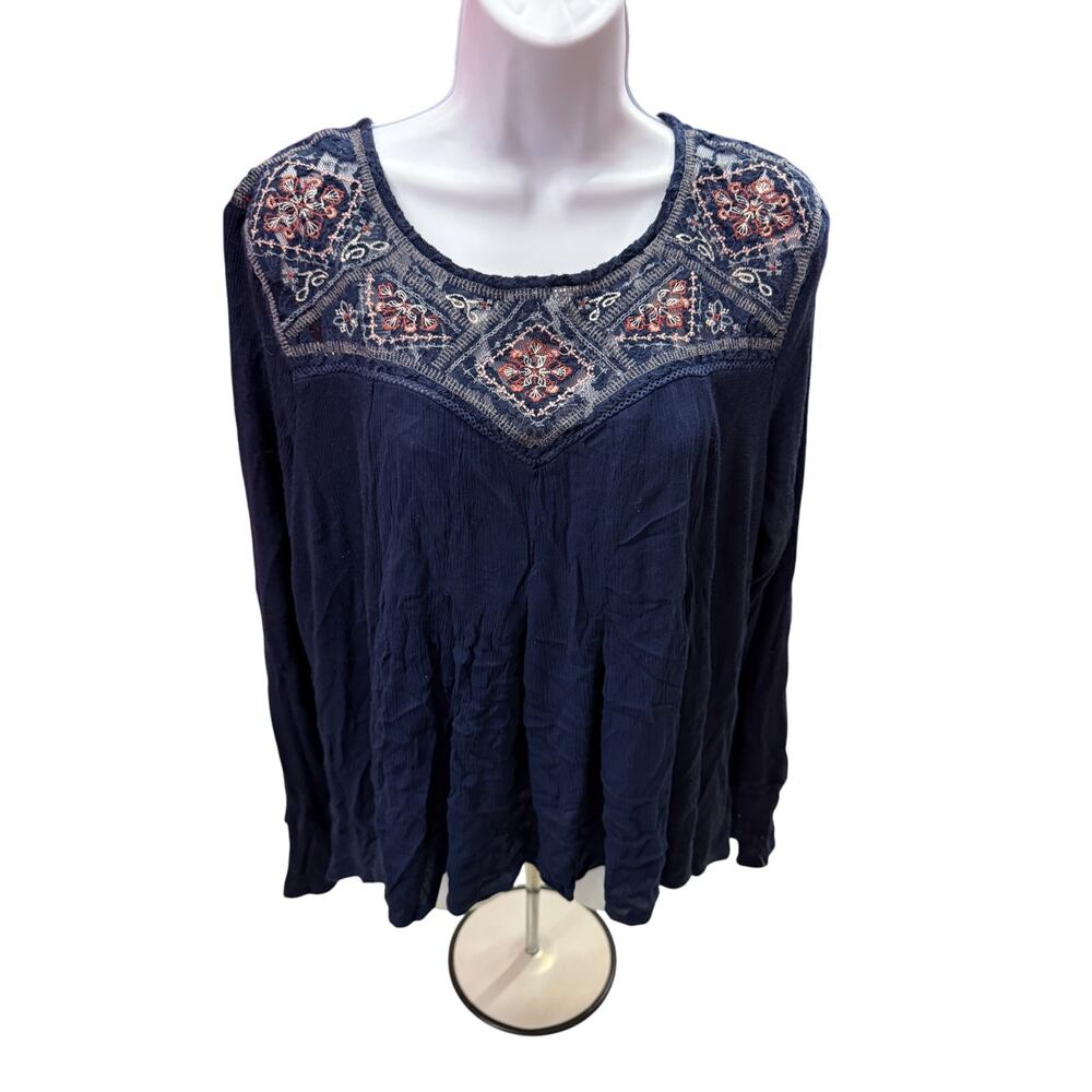 🖤 Aritzia US XL Navy Embroidered Lace Back Boho Peasant Blouse Cottagecore Top